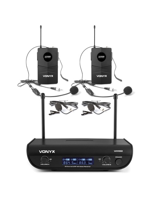 Dual Wireless Set of Microphones Bodypack UHF 2 Channels Vonyx WM82B - 1